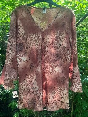 Vintage Y2K Gemma USA Brown Leopard & Lace Printed Ruffle Sleeve Blouse